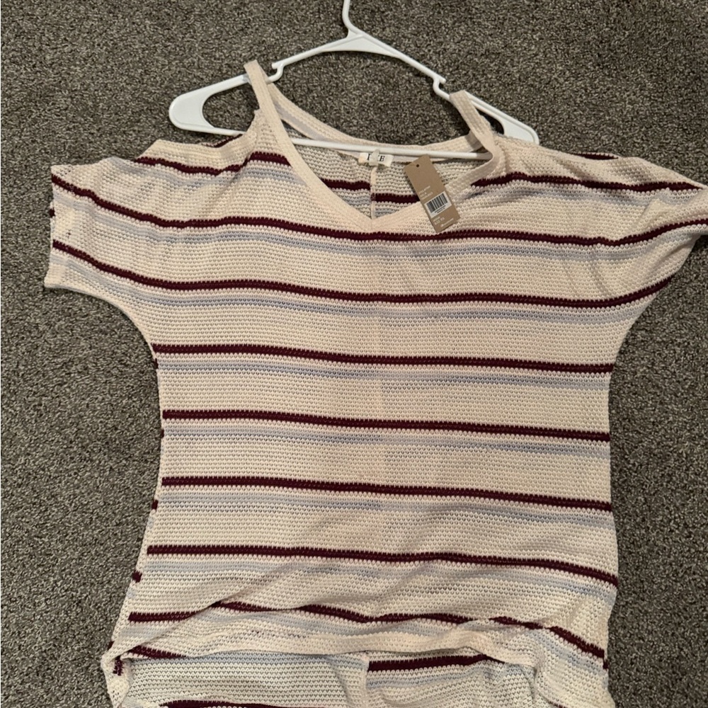BKE Cream and Burgundy Striped Short Sleeve Top